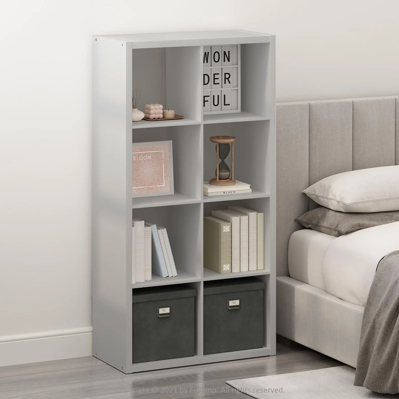 Furinno SIMPLE Cube Storage Organizer, 8-Cube Display Shelf, Open Back Shelving Unit, Storage Shelves, Extra Thick Frame, for Organization and Storage, Living Room, Home Office, Light Grey