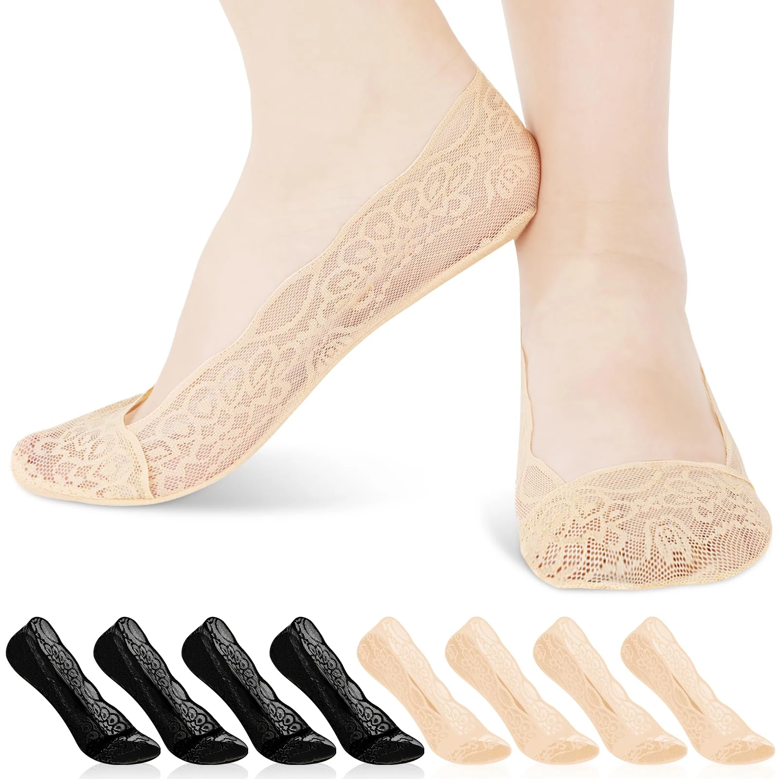 Zuimei 8 Pairs No Show Socks Women Non Slip Invisible Socks Lace Boat Socks Low Cut Liner Socks for Women Size 2-5 Boat Shoes Sneakers Loafers (Toe cover)