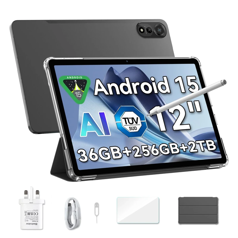 Blackview MEGA2 12 inch Tablet Android 15 Gaming Tablet with SIM Card Slot, Pen, 36GB + 256GB (2TB), 2.4K 120Hz FHD+ IPS Display, 9000mAh/33W, 8MP + 16MP AI Camera, 4G LTE, 5G WiFi, GPS