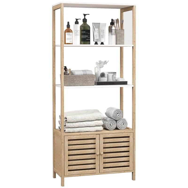 HOMCOM Bathroom Cabinet with 3 Shelves High Storage Cabinet Bamboo 1 Cupboard with Slatted Doors Raised Base 63 x 30 x 138 cm Natural Wood and White
