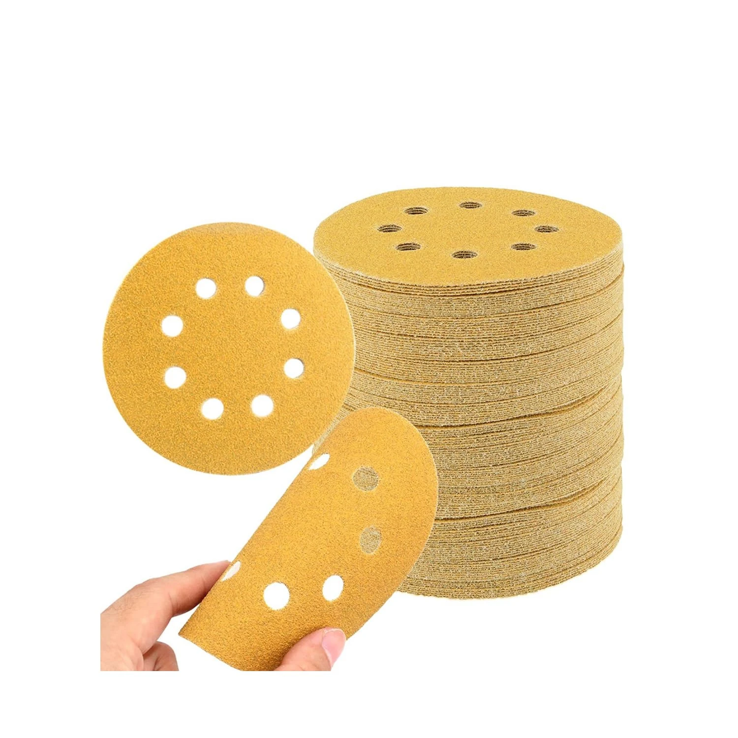 50PCS 125mm Sanding Discs,Sanding Pads,5x(60/80/100/120/150/180/240/320/400/600)，8 Hole 5 Inch Round Sanding Discs Pads(Yellow sand)