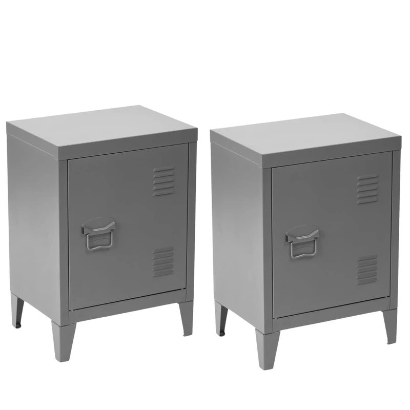 FurnitureR 2pcs Nightstand Bedside Table for Boy Girls Teens Bedroom with Magnetic Door, 2 Tier Shelves Removable,Grey