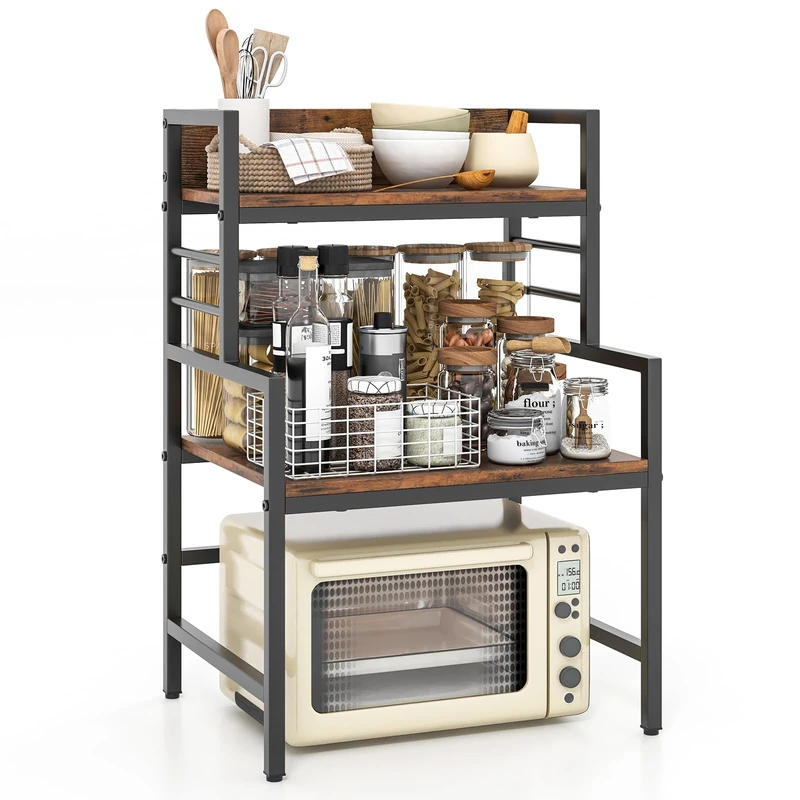 GiantexUK Microwave Oven Stand, 3-Tier Kitchen Baker’s Rack with Anti-tipping Kits & Anti-falling Guardrails, Microwave Shelf Stand Spices Storage Organizer for Dining Room
