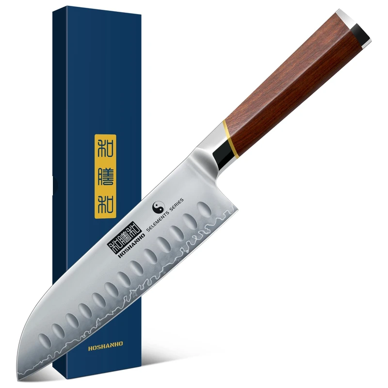 HOSHANHO 7 Inch Santoku Knife，Professional Japanese High Carbon Super Steel Chef Knife, Razor Sharp Kitchen Knife with Ergonomic Red Sandal Wooden Handle - Gift Box - Image 1