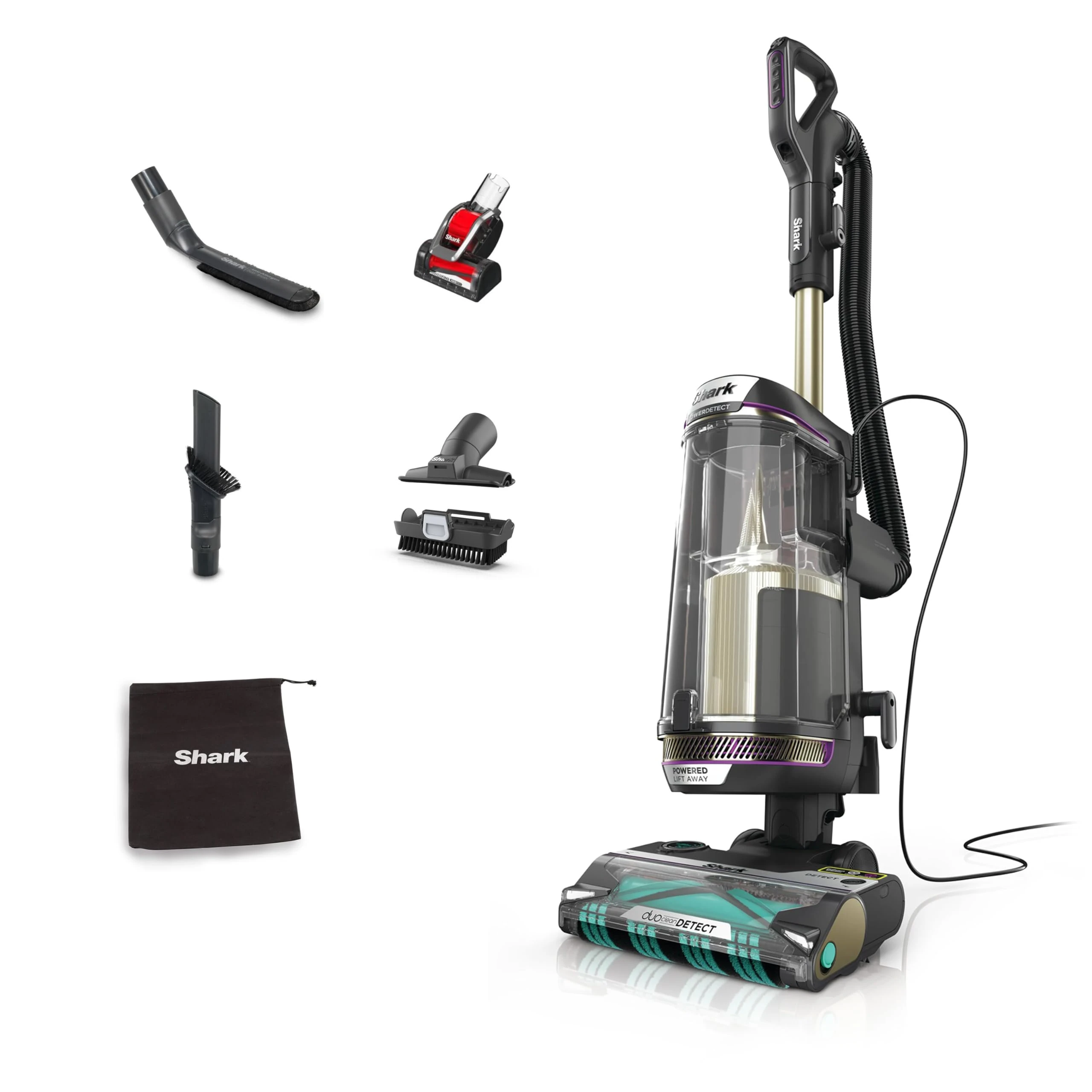 Shark PowerDetect Corded Upright Vacuum Cleaner, DuoClean Detect, Reverse Clean, Anti Hair Wrap Plus, Anti-Allergen, 8m Cord, 1.3L, Dusting Brush, Pet, Crevice, Multi Surface Tools & Bag, AZ3900UKTBK