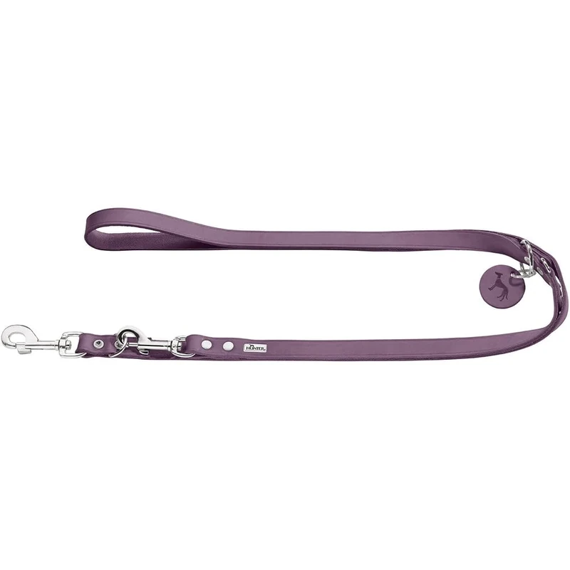 HUNTER Adjustable Leather Dog Lead, Colour: Purple, Extra Durable, 3-Way Adjustable, with Leather Key Ring, Made in Germany, Size: 20/200