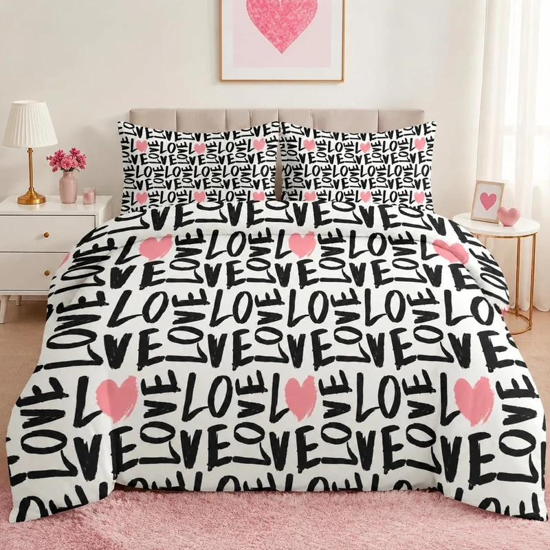 Pamnest Comforter Set Queen Size, Heart Cool Black Soft 3 Pcs Bedding for Kids and Adults, Pink Love Comforter Set with Pillowcase, for Bedroom Bed Decor
