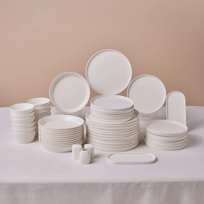 Karaca Stream Bone China Bomo 53-Piece Dinner Set for 12 People, Pasta Bowls, Side Plates, Dinner Plates, Soup Bowls, Serving Platters, Dishwasher Safe, White