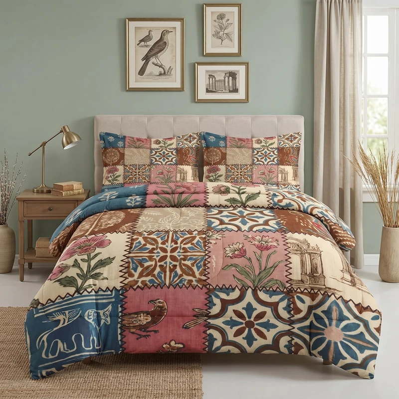 Pamnest Comforter Set Queen Size, Country Flower Patchwork Vintage Farm Soft Bedding for Kids and Adults, Retro Plaid Comforter Set with Pillowcase, for Bedroom Bed Decor