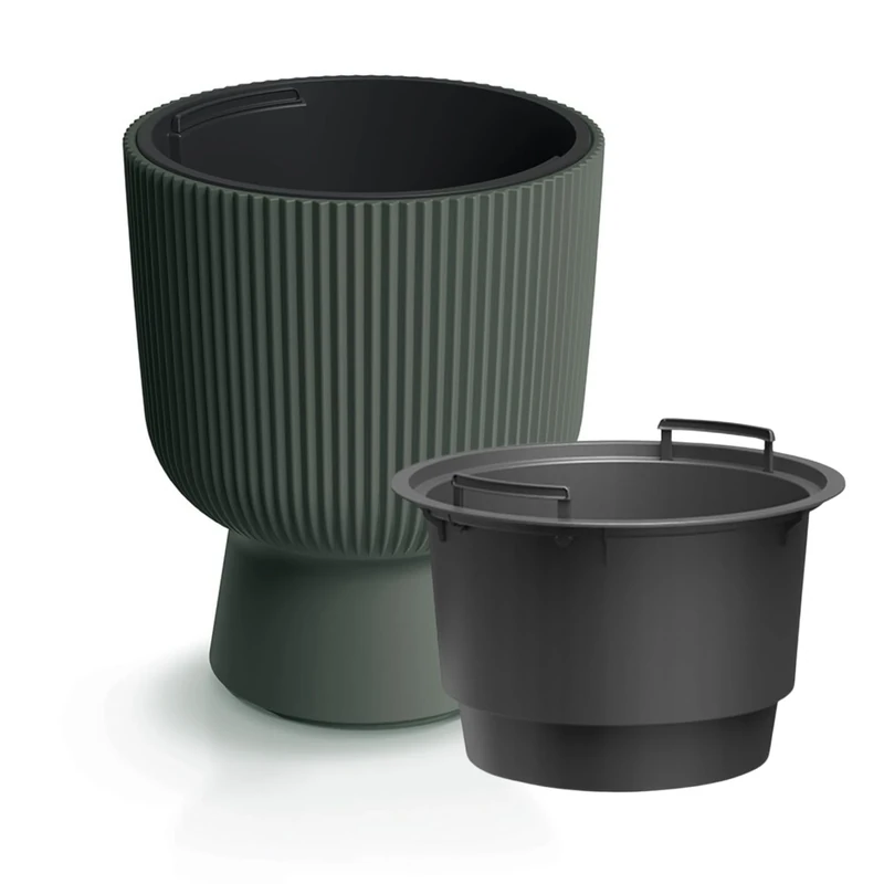 B2C Plant Pots Flower Planter 7 Colours 3 sizes Tall with insert Wavy Plastic Pot Boho Elegant Textured Cylindrical with base indoor/outdoor Modern (Pine green, 40cm - 37L)