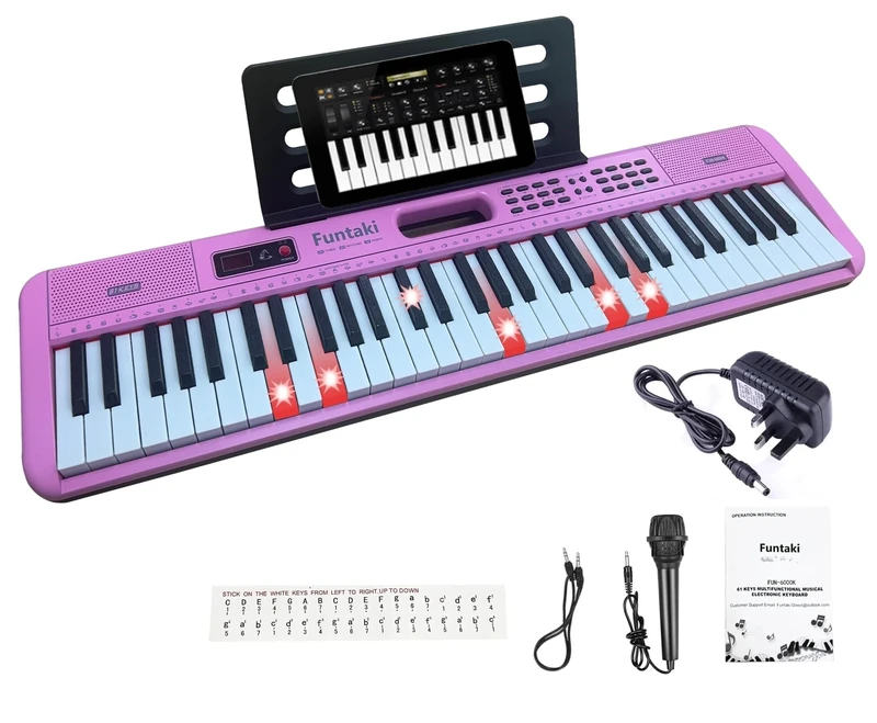 Funtaki Portable Kids Piano Keyboard with Lighted Keys - 61 Compact Keys Electric Piano for Beginners Adults Kids Ages 3-7 (Educational Gift) Pink