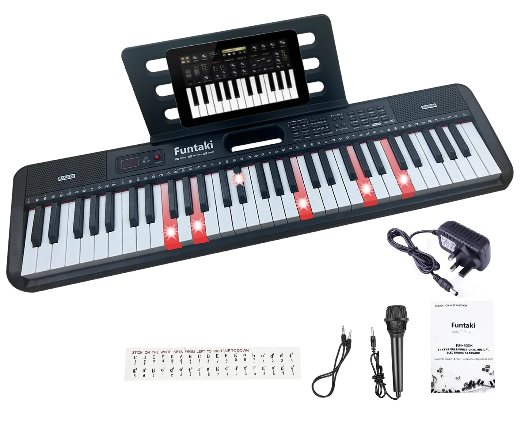 Funtaki 61-Key Electronic Keyboard Piano for Adults with Light Up Keys, 61 Compact Keys Digital Pianos - Perfect Beginner Piano Black