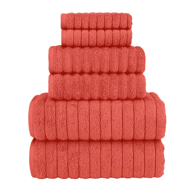 Elegant Comfort 100% Turkish Cotton Corduroy Ribbed Luxury Bath Towels 6-Piece Set, Premium Feel - Quick Dry, Highly Absorbent, Contains 2 Bath Towels, 2 Hand Towels, and 2 Washcloths, Coral
