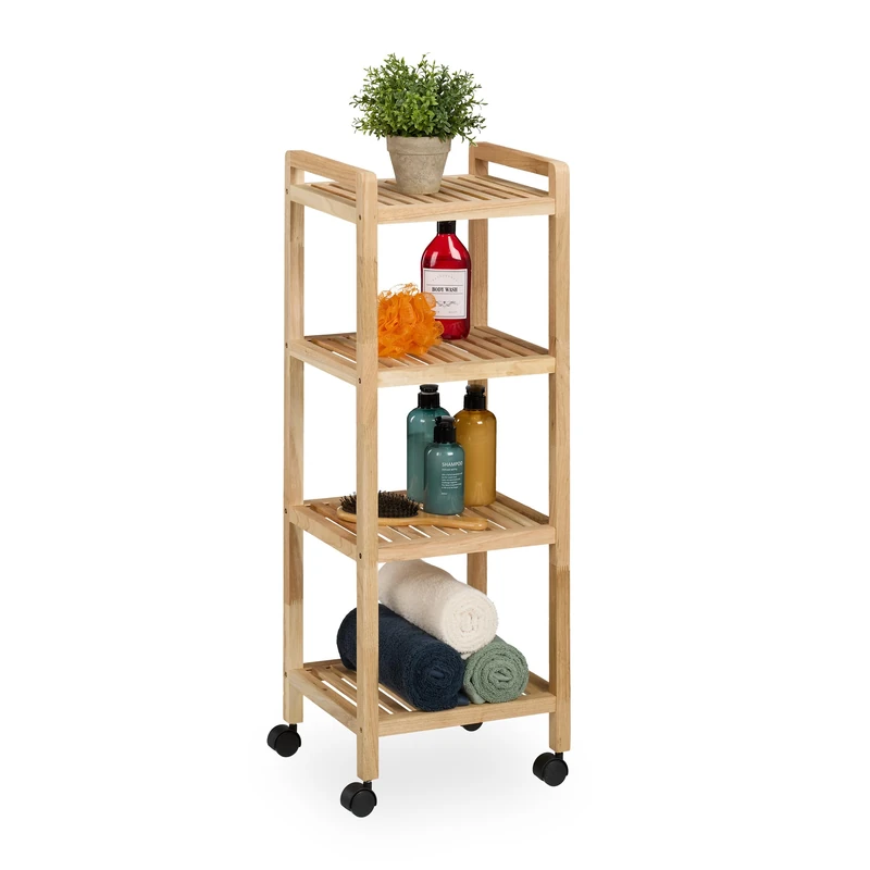 Relaxdays Storage Shelf, Wood, HxWxD: 97 x 35 x 31 cm, Rack on Wheels, 4 Tiers, for Bathroom & Kitchen, Natural, Plastic