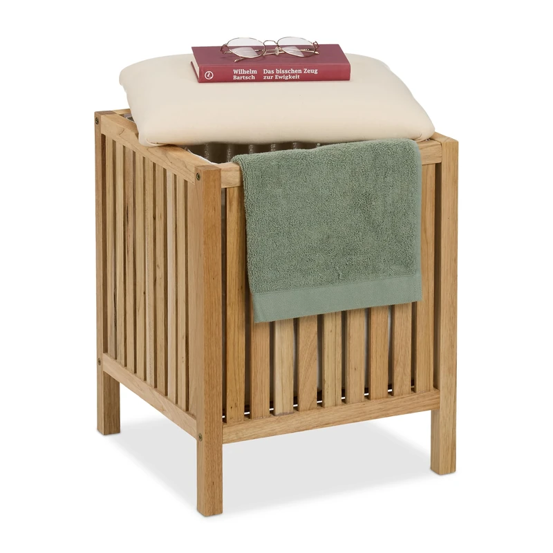 Relaxdays Laundry Hamper with Seat, Bathroom Stool with Storage, 30L, HWD: 51x38x38 cm, Wood & Fabric, Natural/White