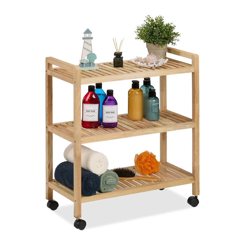 Relaxdays Storage Shelf, Wood, HxWxD: 72 x 65 x 31 cm, Rack on Wheels, 3 Tiers, for Bathroom & Kitchen, Natural, Plastic