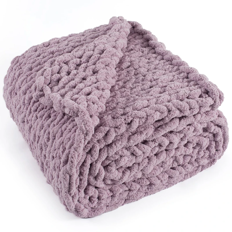 LONG CREATE Chunky Knit Throw Blanket 60"X 80", 100% Handmade with Soft Chenille Yarn, 4.4lbs Thick Cable Knitted Blankets, Large Rope Knot Crochet Throws for Couch Sofa Bed Home Decor, Purple