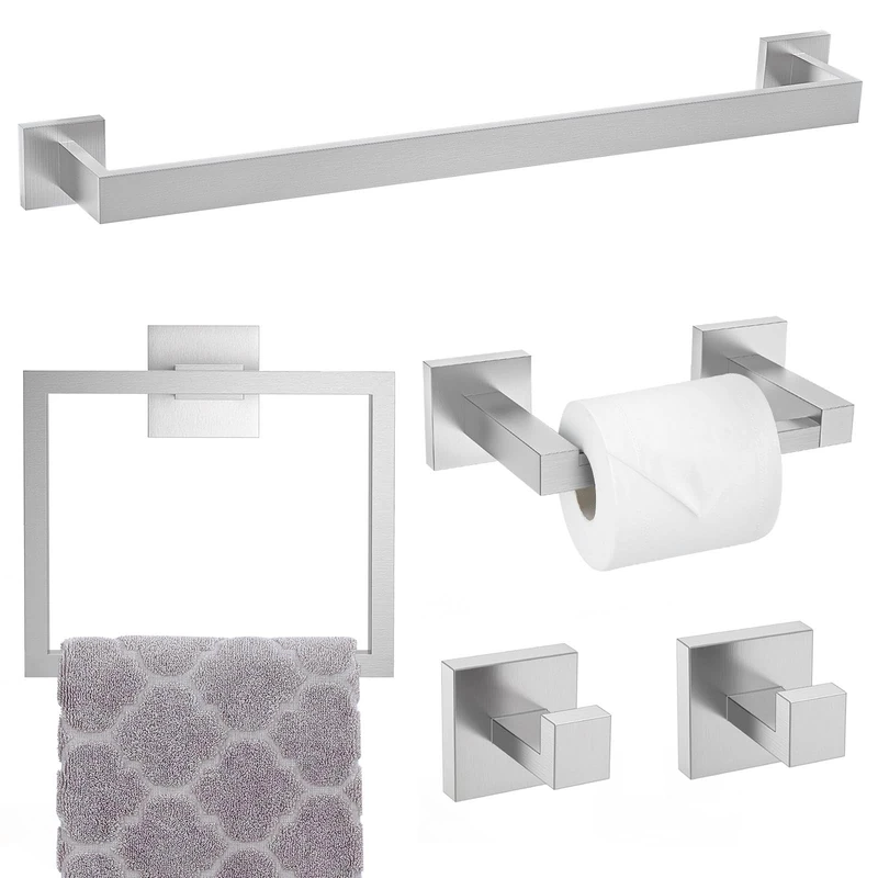 TNOMS Brushed Nickel Towel Bar Set,5-Piece Bathroom Hardware Set Includes Upgraded Double Base Paper Towel Holder Modern Square Towel Holder Set,Stainless Steel Wall Mount 23.6 Inch
