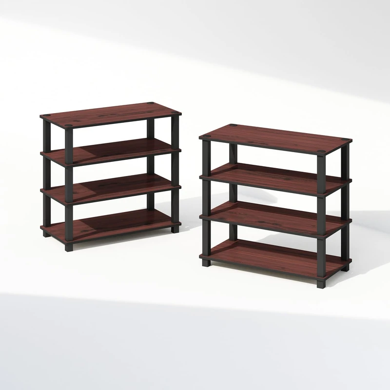 Furinno TURN-N-TUBE Storage Shelves Set of 2, 4-Tier Stackable Standing Shelf, Open Corner Shelf, for Organization and Storage, Living Room, Garage, Home Office, Dark Cherry