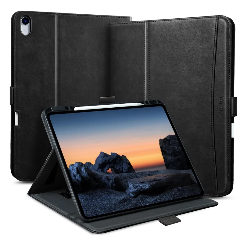 Zinibri Handcrafted Case for iPad Air 13 Inch M3 2025/M2 2024 A3268 A3269 A3271 A2898 A2899 A2900 with Pencil Holder & Hand Strap & Pocket PU Leather Stand Folio Cover Auto Sleep/Wake,Black