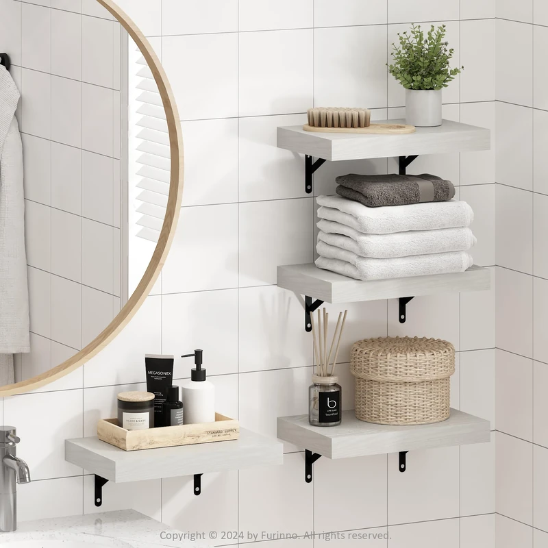 Furinno TANNA Floating Shelves for Wall Set of 4, 38.1cm Bathroom Wall Shelf, Wall Mounted Shelf, for Bathroom Organizers and Storage, Living Room, White Texture