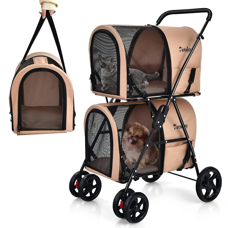 FANTASK 2 Tier Dog Pram with Mesh Windows and Drink Holder, Pet Buggy up to 16 kg, Cat Buggy for 2 Small Dogs, Cats, Dog Buggy & Trailer in Beige