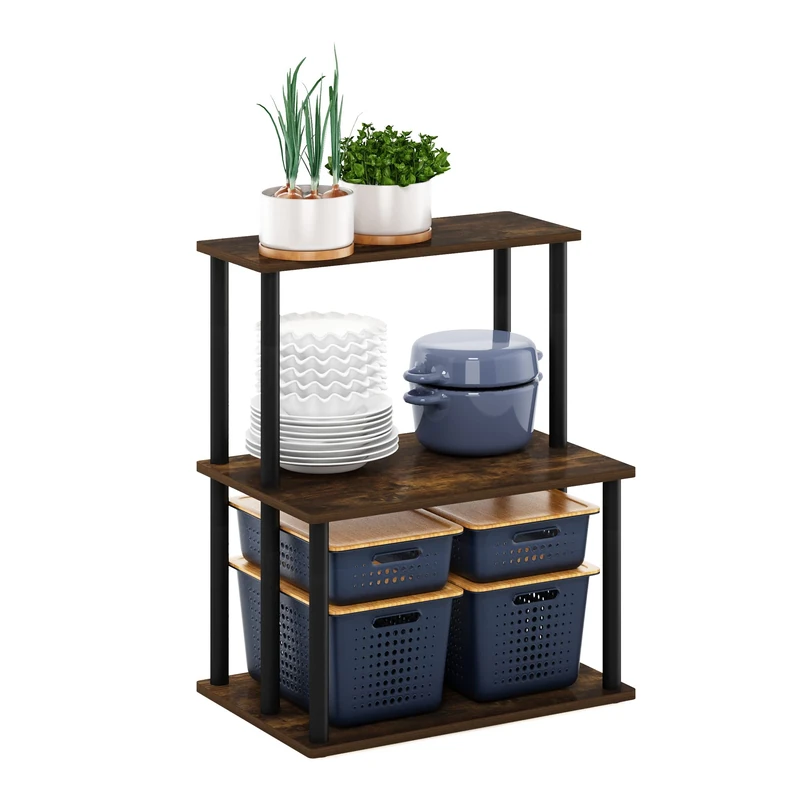 Furinno TURN-S-TUBE Storage Shelves Set of 2, 3-Tier Stackable Standing Shelf, Open Corner Shelf, for Organization and Storage, Living Room, Garage, Home Office, Dark Cherry
