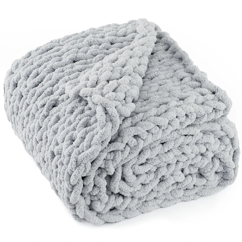 LONG CREATE Chunky Knit Throw Blanket 60"X 80", 100% Handmade with Soft Chenille Yarn, 4.4lbs Thick Cable Knitted Blankets, Large Rope Knot Crochet Throws for Couch Sofa Bed Home Decor, Light Grey