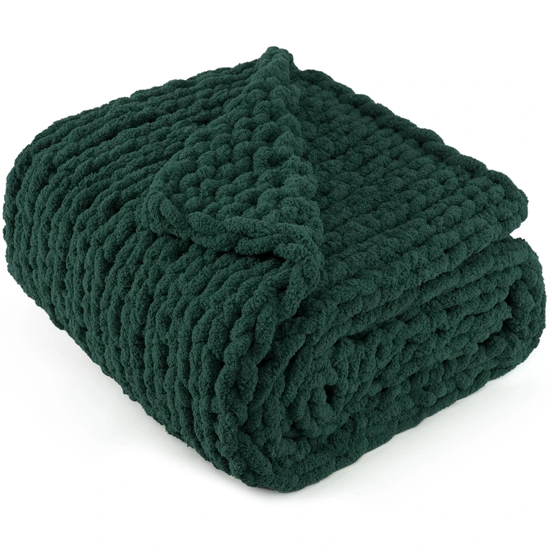 LONG CREATE Chunky Knit Throw Blanket 60"X 80", 100% Handmade with Soft Chenille Yarn, 4.4lbs Thick Cable Knitted Blankets, Large Rope Knot Crochet Throws for Couch Sofa Bed Home Decor, Dark Green