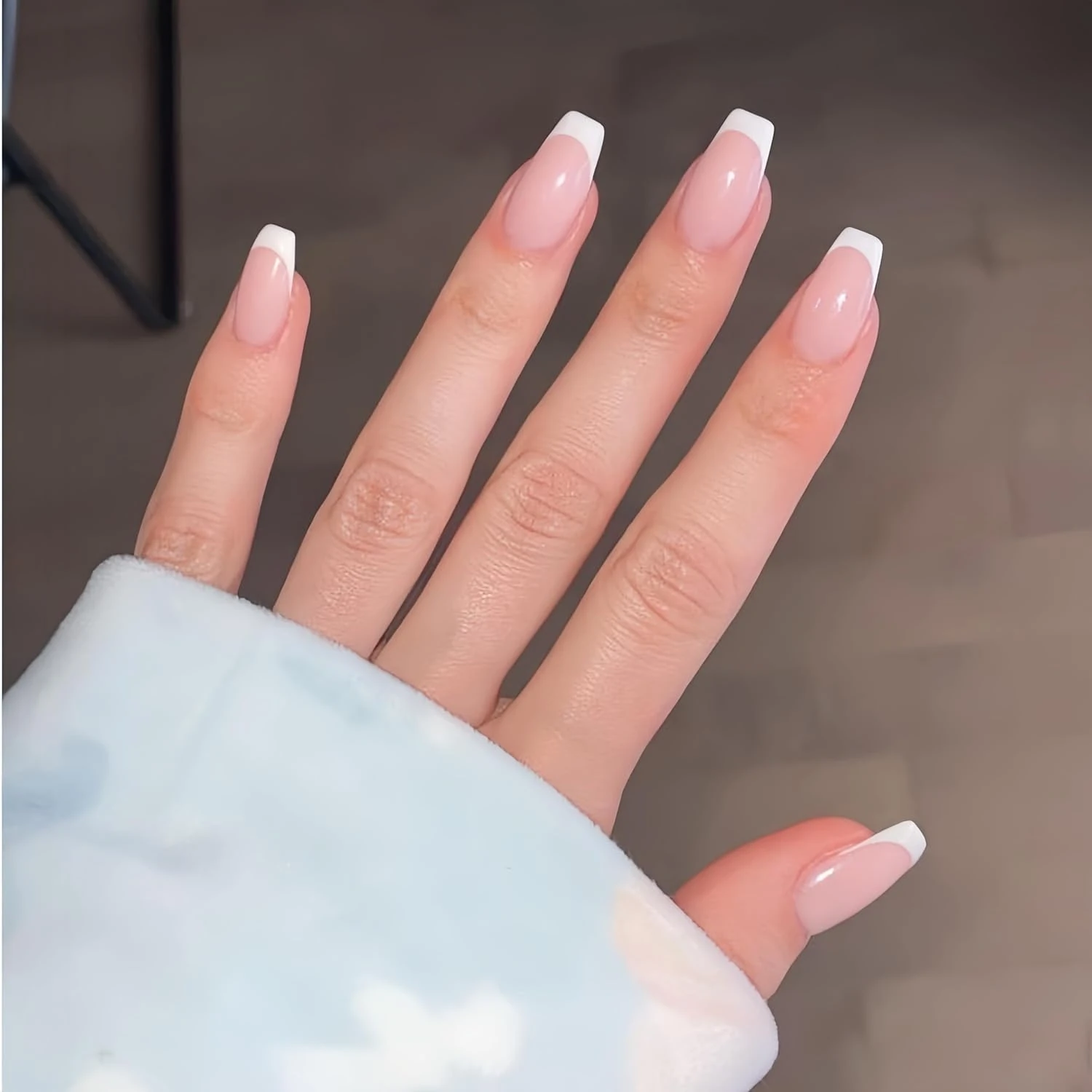 SXVME 30 Pcs Acrylic Press on Nails Medium Short Coffin, White French Tip False Nails Short Ballerina, Natural Nude Fake Nails Set Classic Soft Gel Stick on Nail for Women Daily Wedding Wear