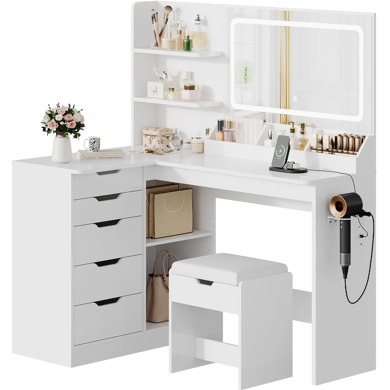 TRIUMPHKEY Dressing Table with Stool,Vanity Desk with Drawers,Power Outlet