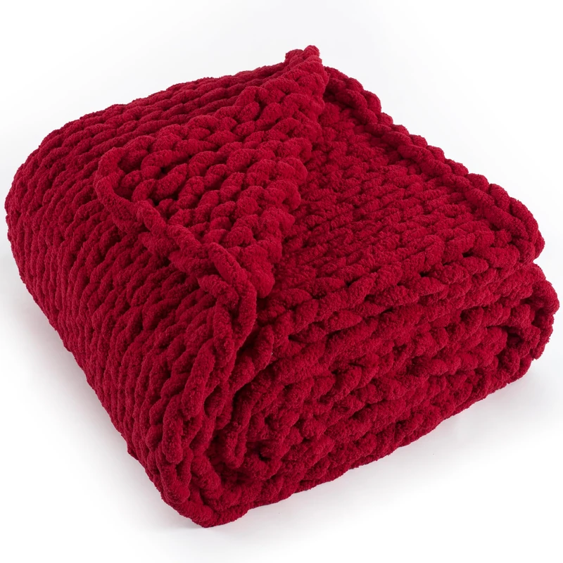 LONG CREATE Chunky Knit Throw Blanket 50"X 60", 100% Handmade with Soft Chenille Yarn, 4.4lbs Thick Cable Knitted Blankets, Large Rope Knot Crochet Throws for Couch Sofa Bed Home Decor, Red
