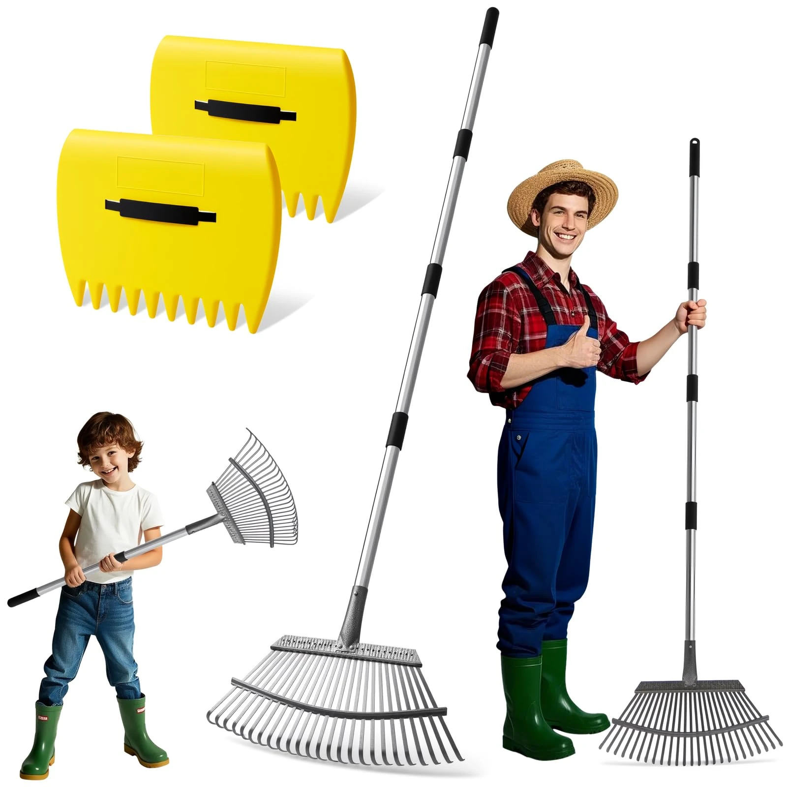 2-In-1 Leaf Rake Set with Leaf Scoops, 25-Tine Garden Rake and Grabber for Leaf Cleanup & Picker Up, Adjustable Long Handle, Wide Metal Head for Garden, Yard, Soil, Weeds, Grass