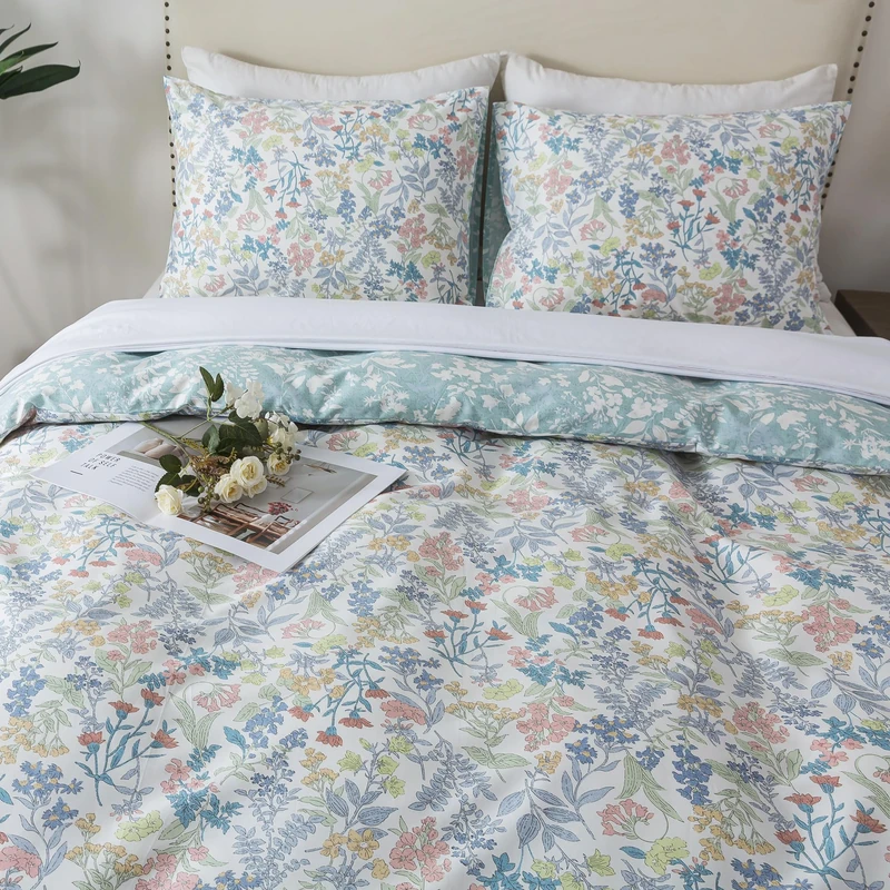 HoneiLife Cotton King Duvet Cover - Floral Comforter Cover 3-PC, Botanical Bedlinen Set with Zipper Closure & Corner Ties, Wildflower Comforter Cover Sets All Season Use