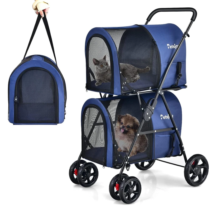 FANTASK 2 Tier Dog Pram with Mesh Windows and Drink Holder, Pet Buggy up to 16 kg, Cat Buggy for 2 Small Dogs and Trailers in Blue