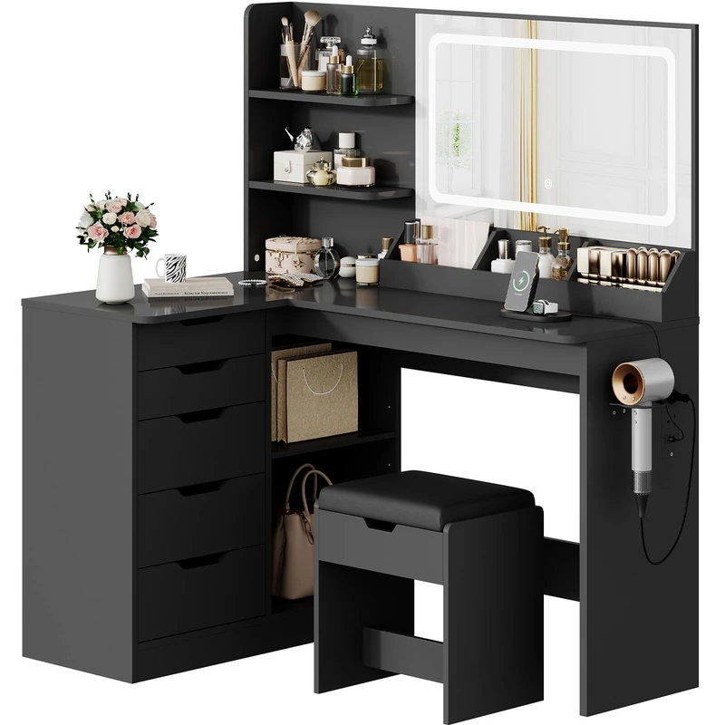 TRIUMPHKEY Dressing Table with Stool,Vanity Desk with 5 Drawers,Black