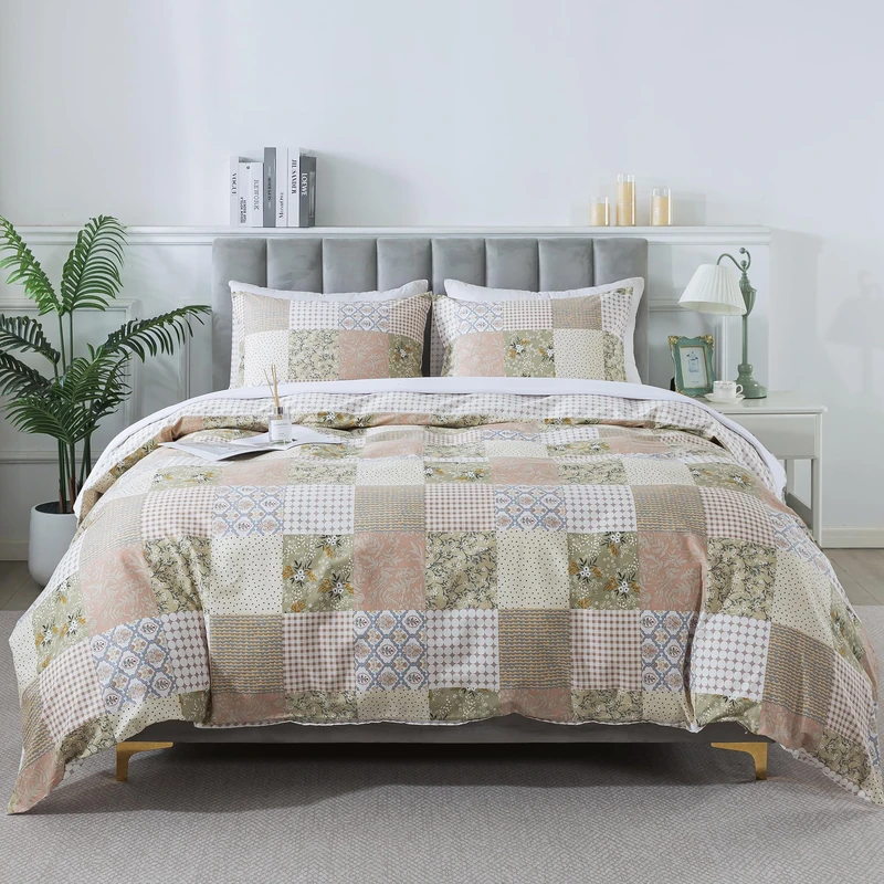HoneiLife Duvet Dover King Size - 100% Cotton Comforter Cover, Patchwork Bedlinen Set with Zipper Closure & Corner Ties, 3-PC Rustic Comforter Cover Sets