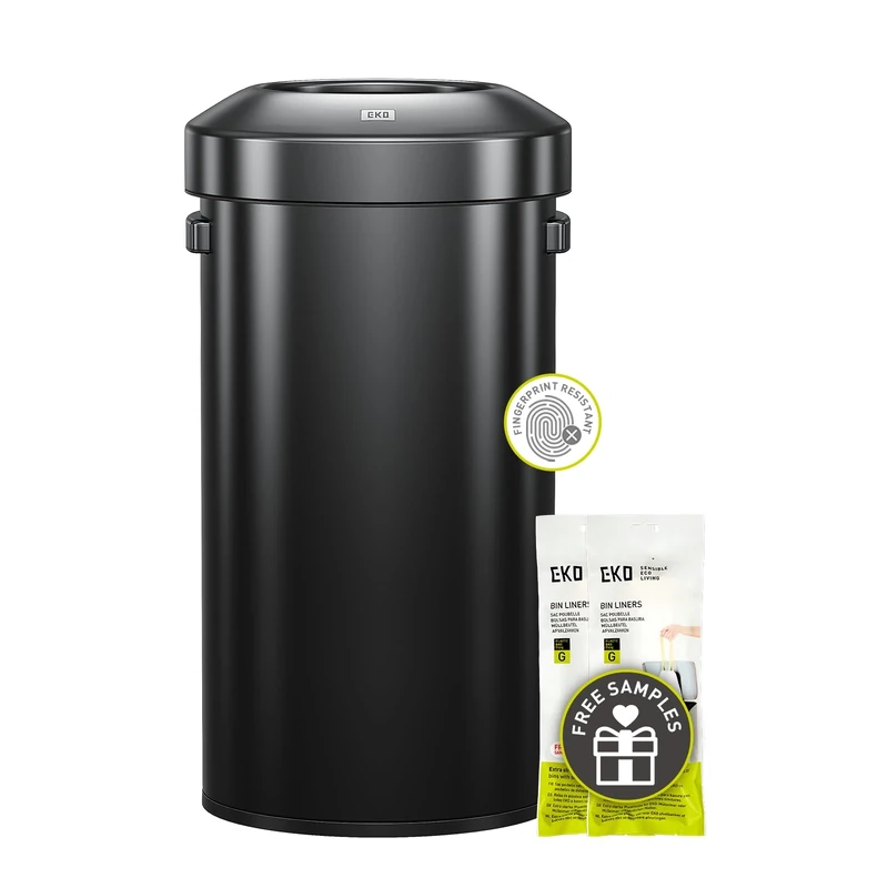 EKO Urban 24 Gallon Round Black Stainless Steel Open Top Waste Bin, Tall Commercial Trash Can for Indoor/Outdoor, Extra Large Metal Garbage Bin for Office, Restaurant, Restroom, 90L