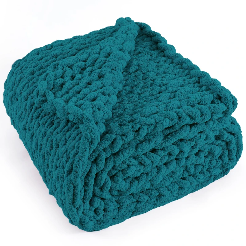 LONG CREATE Chunky Knit Throw Blanket 60"X 80", 100% Handmade with Soft Chenille Yarn, 6.7lbs Thick Cable Knitted Blankets, Large Rope Knot Crochet Throws for Couch Sofa Bed Home Decor, Teal