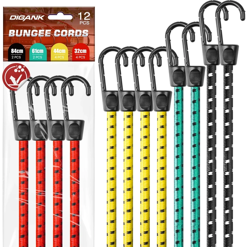 Bungee Cords with Hooks Heavy Duty 35kg – Elastic Tie Down Straps, Luggage Straps, Camping Gear, Tarps, Garden Furniture, Trailer, DIY (Pack of 12)
