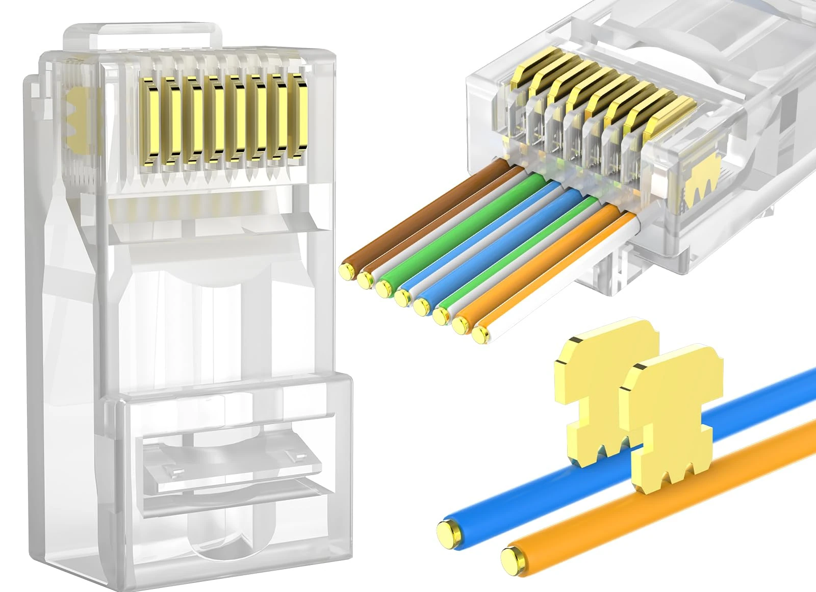 RJ45 Connector Pass Through Cat6 (Cat6 Pass Through, 100-Pack Plugs) for Solid or Stranded UTP Ethernet Cable