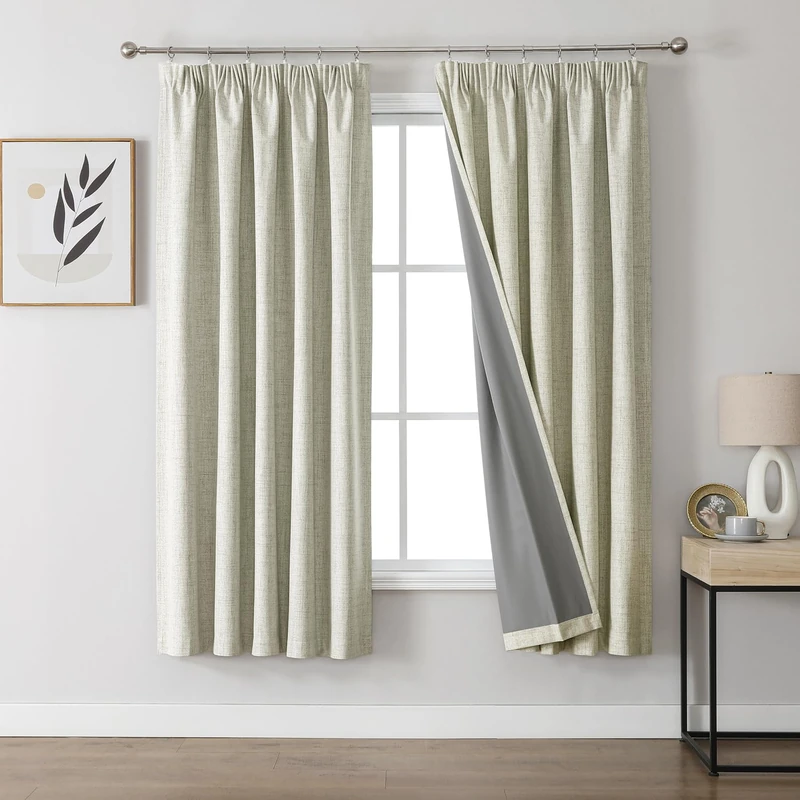Joydeco 100% Blackout Curtains, Linen Curtains with Ruffle Tape, Set of 2, H 160 x W 132 cm, Light Beige, Thermal Curtain, Cold Protection, Opaque, Sound Protection, Ideal for Living Room, Matches