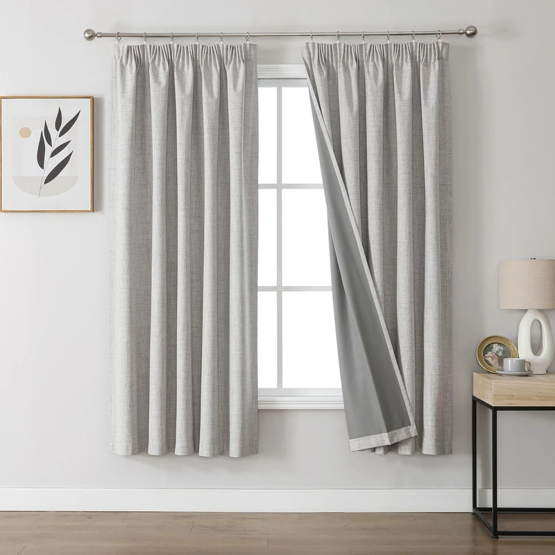 Joydeco 100% Blackout Curtains, Linen Curtains with Ruffle Tape, Set of 2, H 183 x W 117 cm, Grey White, Thermal Curtain, Cold Protection, Opaque, Sound Protection, Ideal for Living Room, Fits Rail