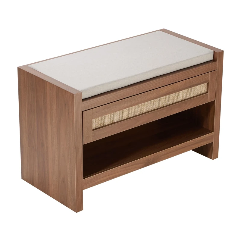 VEVOR Rattan Bench with Storage and Linen Seat, 30.9" Hand-Woven Farmhouse Boho Style for Entryway, Bedroom, Living Room, Kitchen