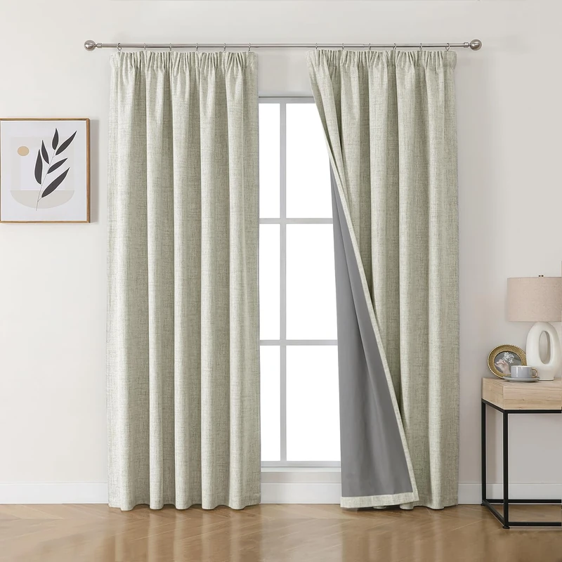 Joydeco 100% Blackout Curtains, Linen Curtains with Ruffle Tape, Set of 2, H 229 x W 132 cm, Light Beige, Thermal Curtain, Cold Protection, Opaque, Sound Protection, Ideal for Living Room, Matches