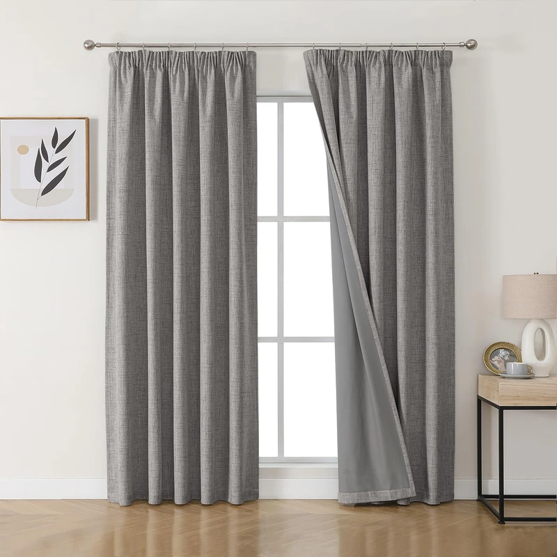 Joydeco 100% Blackout Curtains, Linen Curtains with Ruffle Tape, Set of 2, H 229 x W 117 cm, Light Grey, Thermal Curtain, Cold Protection, Opaque, Sound Protection, Ideal for Living Room, Matches Rail