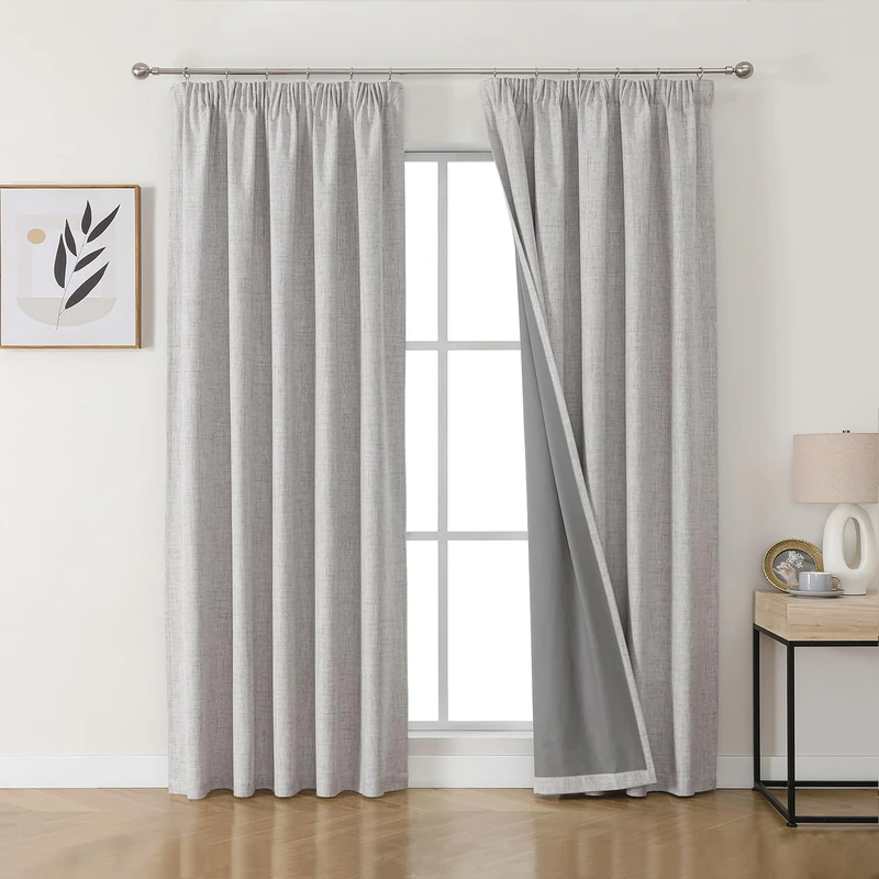 Joydeco 100% Blackout Curtains, Linen Curtains with Ruffle Tape, Set of 2, H 229 x W 132 cm, Grey White, Thermal Curtain, Cold Protection, Opaque, Sound Protection, Ideal for Living Room, Matches Rail