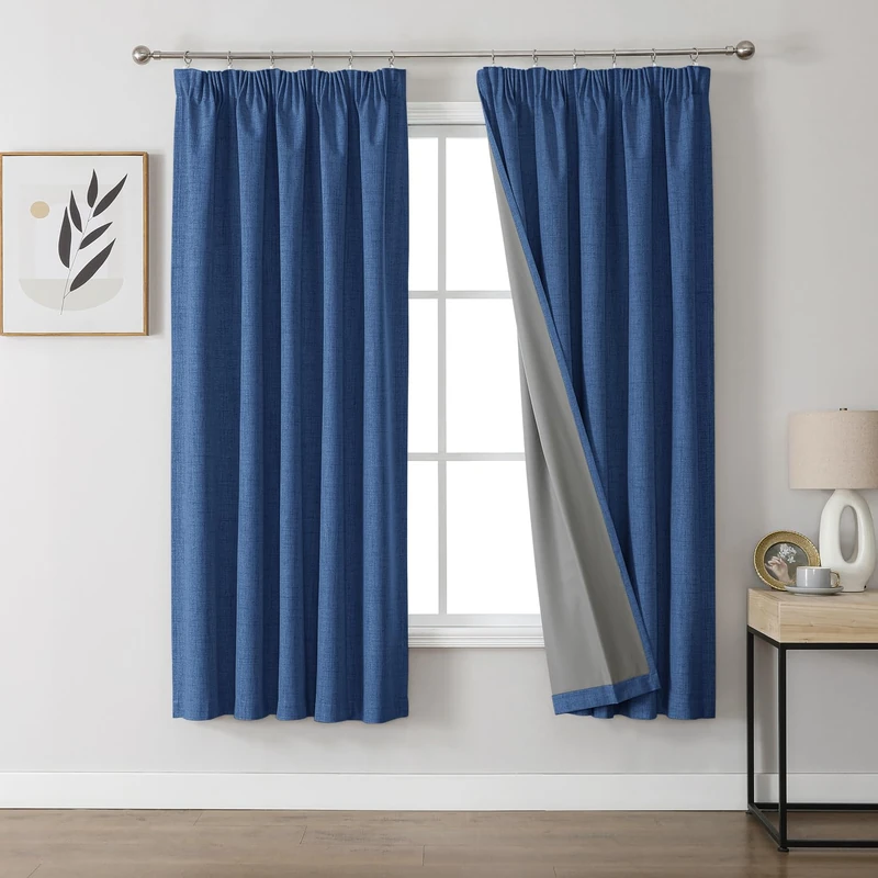 Joydeco 100% Blackout Curtains, Linen Curtains with Ruffle Tape, Set of 2, H 183 x W 132 cm, Navy Blue, Thermal Curtain, Cold Protection, Opaque, Sound Protection, Ideal for Living Room, Matches Rail