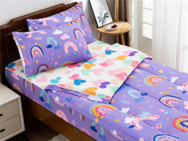 NTBED Rainbow Printed Zipper Bedding Sets Full Lightweight Microfiber Girls Boho Cloud Comforter Sets with Fitted Sheet Pillow Covers,Purple