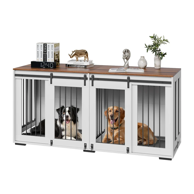 VEVOR 72" Dog Crate Furniture for 2 Dogs, Double Dog Crate Furniture with Double Sliding Doors, Large Dog Crate TV Stand with Removable Tray, Steel Frame Dog Crate for Small Medium Large Dogs White